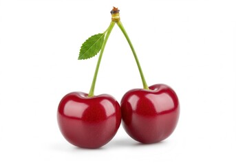 Two ripe cherries with stems and a leaf isolated against a clean white background