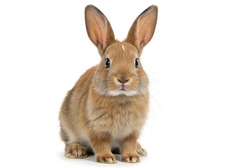 Obraz premium Attentive tan rabbit sitting upright on a white background with long ears and a curious expression on its face