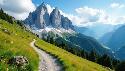Fototapeta premium Majestic Dolomites plateau, scenic hiking trail winding through alpine meadows and rocky peaks under a vast sky , rocks, adventure