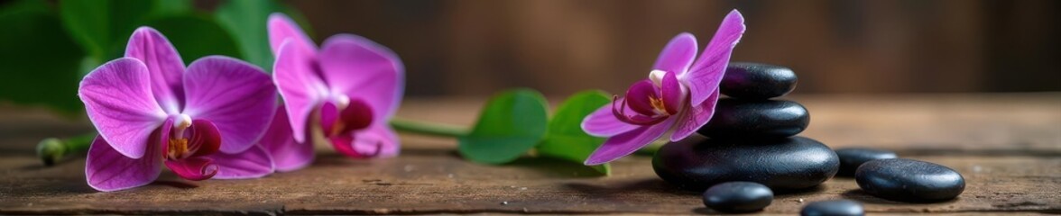 Smooth spa stones, vibrant orchids, rustic wood table, colorful, vibrant, self-care