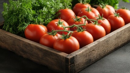 Fresh tomatoes and herbs in a wooden crate.