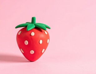 Colorful clay strawberry sculpture on pink background with green leaves and white seeds