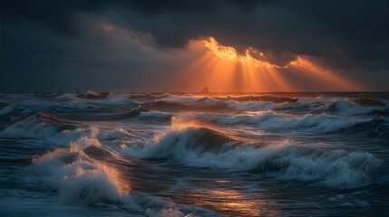 Fototapeta premium Radiant Sea Horizon with Luminous Sunset Clouds and Fluid Waves – Immersive Composition for Digital Wellness and Eco-Travel Campaigns