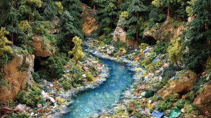 Detailed miniature landscape showcasing a polluted river.