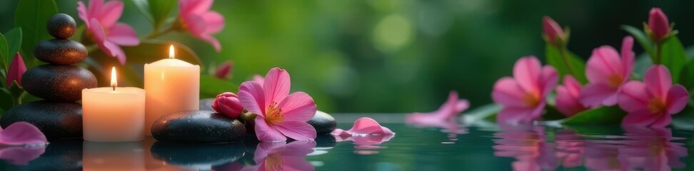 Candles, stones, oils & blooms create romantic spa scene , product photography, calm