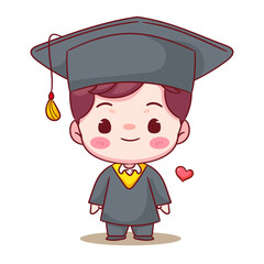 Happy Graduation Cute boy standing with cap and gown. Education concept design. Kawaii chibi cartoon character illustration
