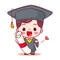 Happy Graduation Cute boy holding diploma with cap and gown. Education concept design. Kawaii chibi cartoon character illustration
