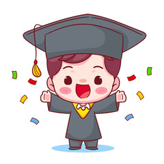 Happy Graduation Cute boy with cap, gown and Confetti around. Education concept design. Kawaii chibi cartoon character illustration