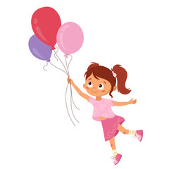 Happy little girl in pink outfit holding colorful balloons. Cheerful child character with ponytail smiling and playing. Cartoon design element for kids celebration or party. Vector illustration