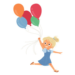 Happy little girl running with balloons. Cheerful smiling child character with bright ballons. Cartoon design element for kids celebration party, greeting cards, poster or flyer. Vector illustration