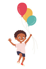 Cute dark-skinned little boy holding colorful balloons. Happy child character smiling and jumping Cartoon character design for Children's Day greeting card, flyers, invitation vector illustration