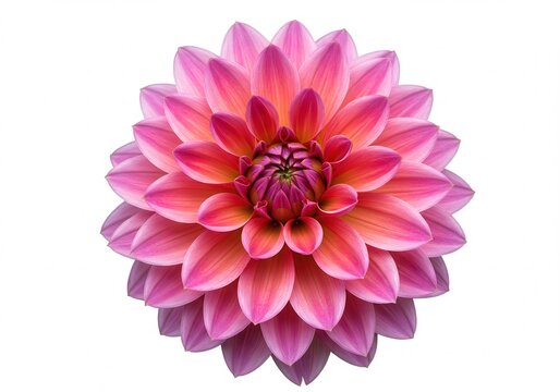 Close-up of a vibrant pink and orange dahlia flower with many petals against a clean white background