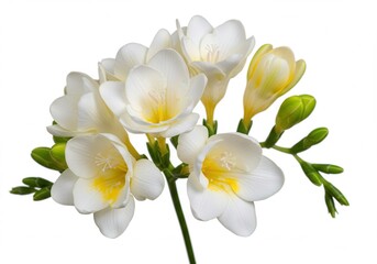 Obraz premium Close-up of a freesia flower cluster with white petals and yellow centers against a white background