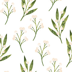 Stylized minimalist modern watercolor botanical pattern. Wallpaper, textile seamless background. Green foliage and berries pattern.
