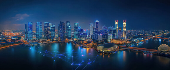 Night cityscape of Singapore's vibrant downtown core, illuminated skyscrapers reflecting in the calm waters, with a digital network overlay connecting the buildings. : Generative AI