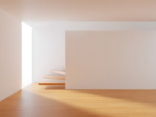 Minimalist Interior with Wooden Staircase and Sunlight