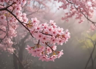 Soft pink sakura petals descend gracefully, blurred branches in the background ,  sakura branch,  garden,  tree