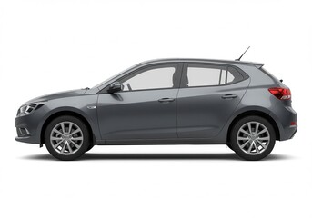 Fototapeta premium Side view of a gray hatchback car with alloy wheels parked on a white background in a studio shot