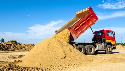 A red dump truck unloads a pile of sand under a clear sky. The truck is in action, transporting and distributing its load