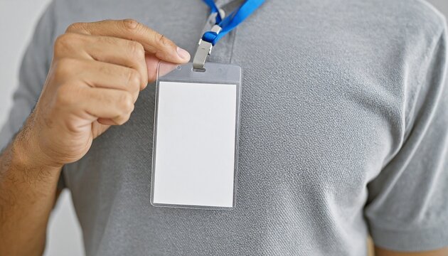 a man holding up a blank badge