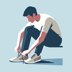 Flat Illustration of a Man Tying Shoes in a Minimalist Design