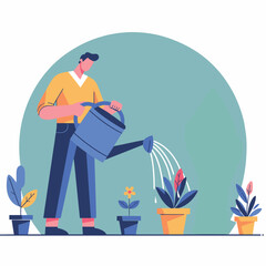 Gardening Enthusiast Nurturing Plants with Watering Can in Flat Illustration Style
