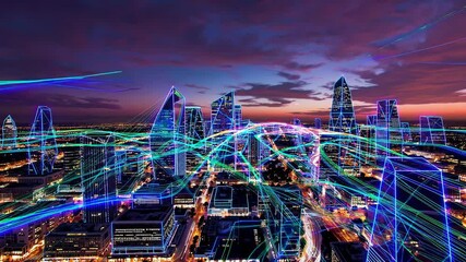 Dallas urban skyline revealing dynamic data flow through glowing network connections, representing technological innovation and smart city communication at dusk - Powered by Adobe