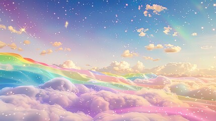 Fototapeta premium A whimsical, pastel-colored landscape of clouds, rainbows, and shimmering light