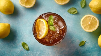 Overhead view of lemon iced tea with mint and sliced lemons on pastel surface with bold shadows.

