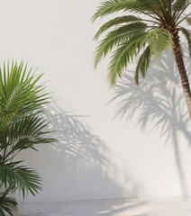 Crisp shadow of palm fronds on bright white wall  Tropical, summer feel , palm tree shadow,  tropical background
