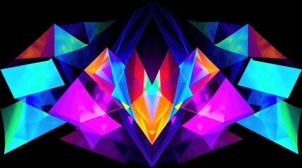 Obraz premium Vibrant, symmetrical abstract art featuring luminous, multifaceted geometric shapes in a dark background