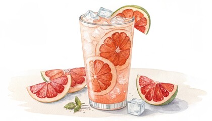 Paloma cocktail with grapefruit slices, ice cubes, and sparkling soda in a tall glass. Watercolor illustration on white background. Summer citrus drink and tropical cocktail concept for designLine 