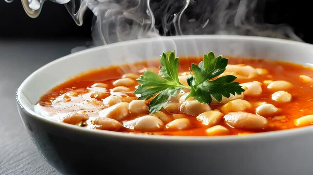 Hot bean soup served in a white bowl, garnished with parsley. Steam rises from the dish.