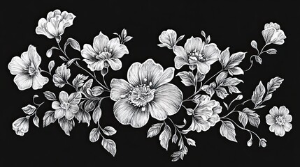 Elegant floral arrangement, black and white hand-drawn style for sophisticated design
