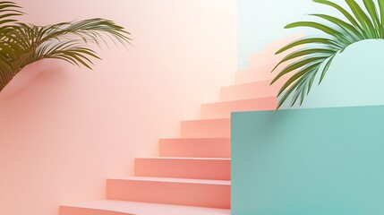 Pink stairs with palm leaves, and pastel.