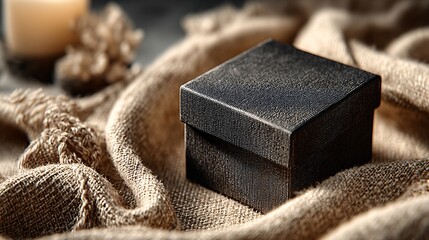 Minimal eco-friendly box on linen fabric with soft warm window light, calm and inviting background 