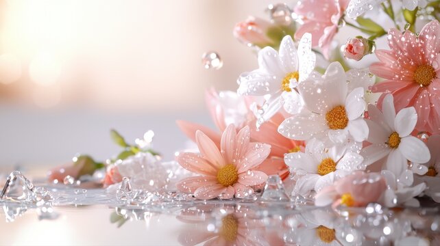 Delicate Pink and White Flowers with Sparkling Water Droplets flowers delicate floral bloom petals