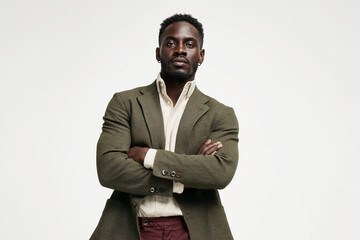 Dark-skinned man in olive green textured jacket, light beige shirt, and maroon trousers, arms crossed, against white background, conveying confidence and style
