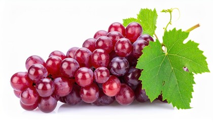 Obraz premium Clusters of vibrant, ripe red grapes with lush green leaves sit against a clean white background, showcasing a fresh, bountiful harvest.