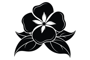 monochrome floral motif depicts five petals and leafy foliage with elegant outlines