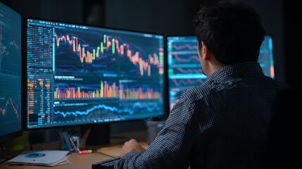 Finance trade manager analyzing stock market indicators with digital charts and ai data for optimal investment strategy