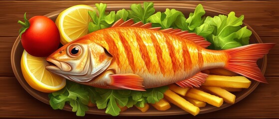 Grilled fish served with french fries and lemon.