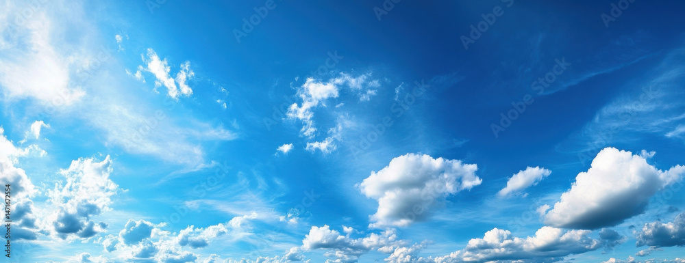 Leinwandbilder a panoramic view of a vibrant blue sky adorned with fluffy cumulus clouds and wispy cirrus formation
