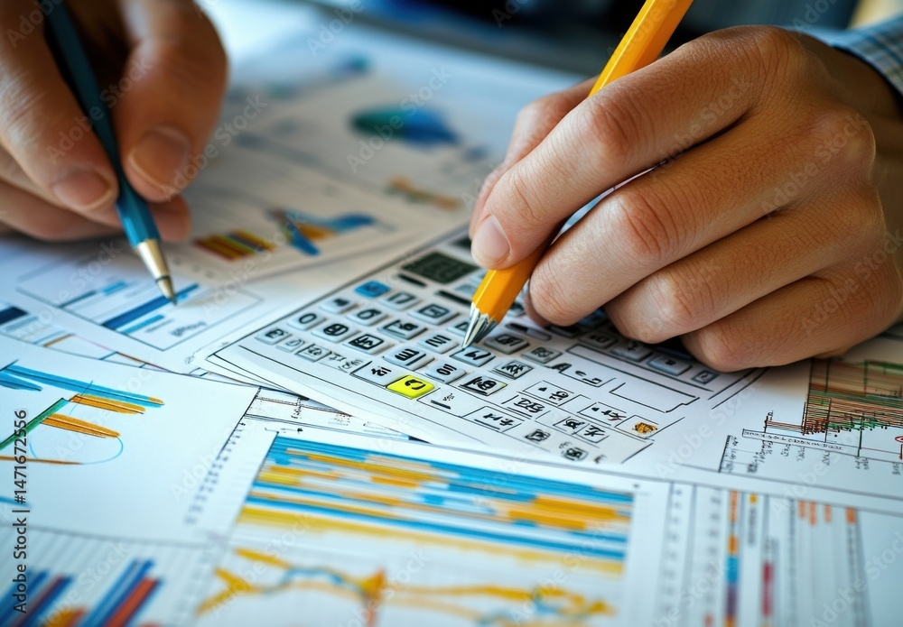 Poster Close-up of hands using calculator and pen to analyze financial charts and graphs, showing detailed business data and calculations. : Generative AI