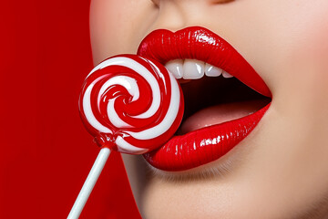 A woman with red lipstick holding a lollipop in her mouth