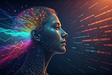 "Digital Mind"
→ Human face dissolving into binary codes or colorful data streams; symbolizes AI, big data, or information overload.