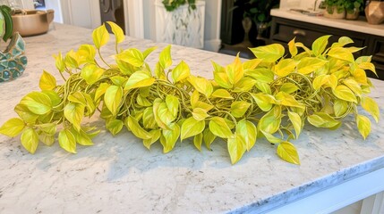 Yellow foliage garland arrangement on a kitchen counter.