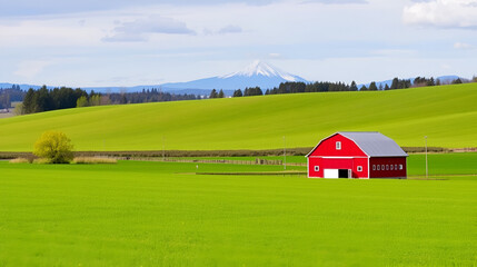 Obraz premium Green Field with red barn and view of Jefferson from Madras Oregon