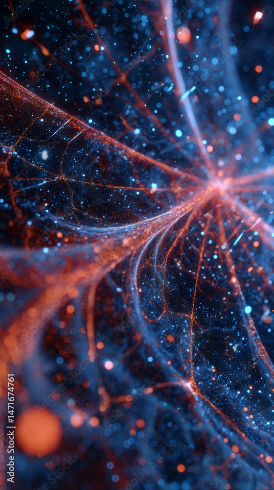 Poster abstract image of blue and orange glowing particles forming intricate patterns, suggesting energy fl