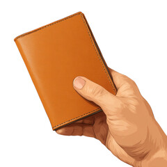 Hand holding brown leather wallet with visible stitching, showing close up view of fingers and thumb gripping it securely